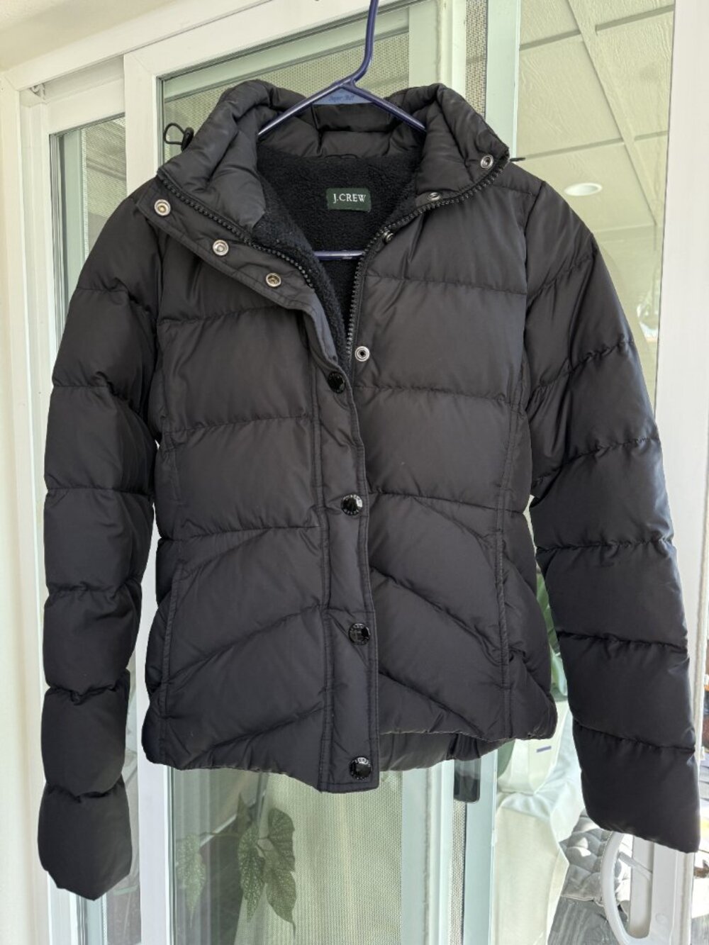 J.Crew Black Down Puffer Jacket Fleece Lined Removable Hood Quilted Size XS